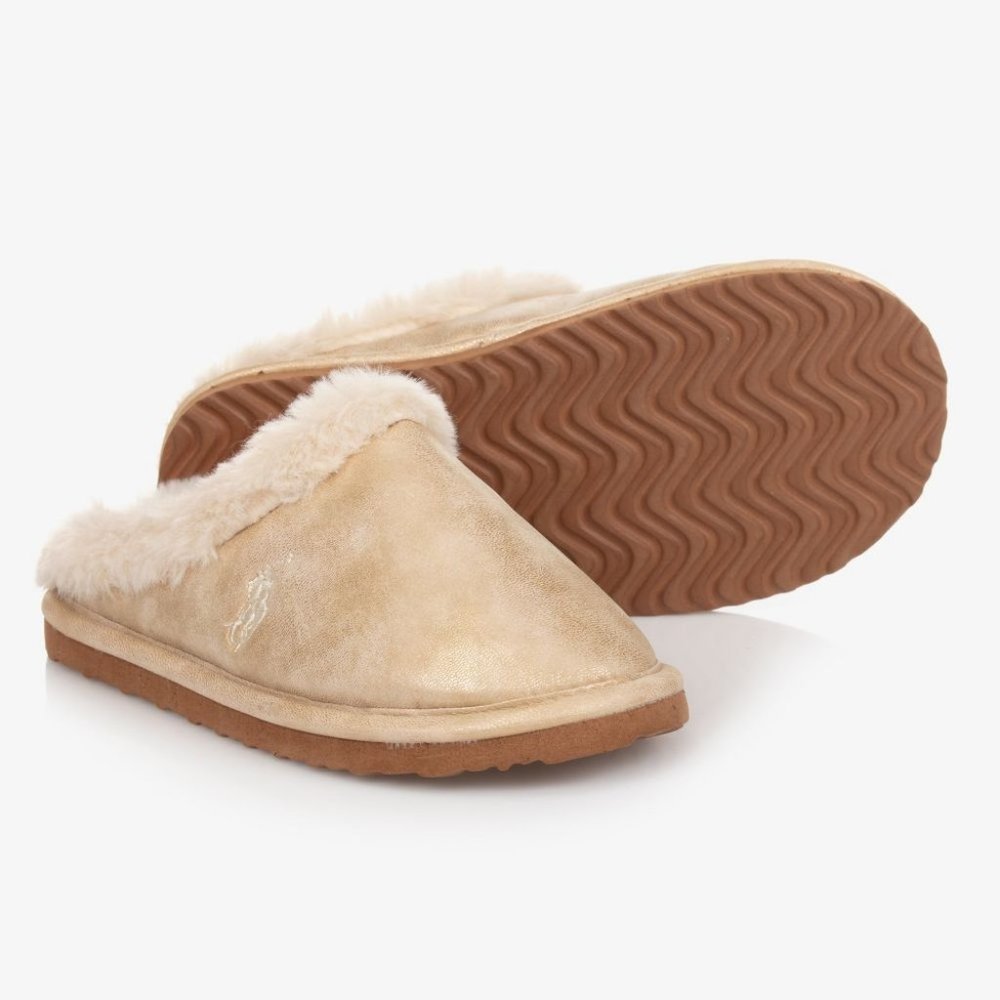 POLO RALPH LAUREN Girls Gold Metallic Fur Slippers Size 12 NEW Rare Authentic